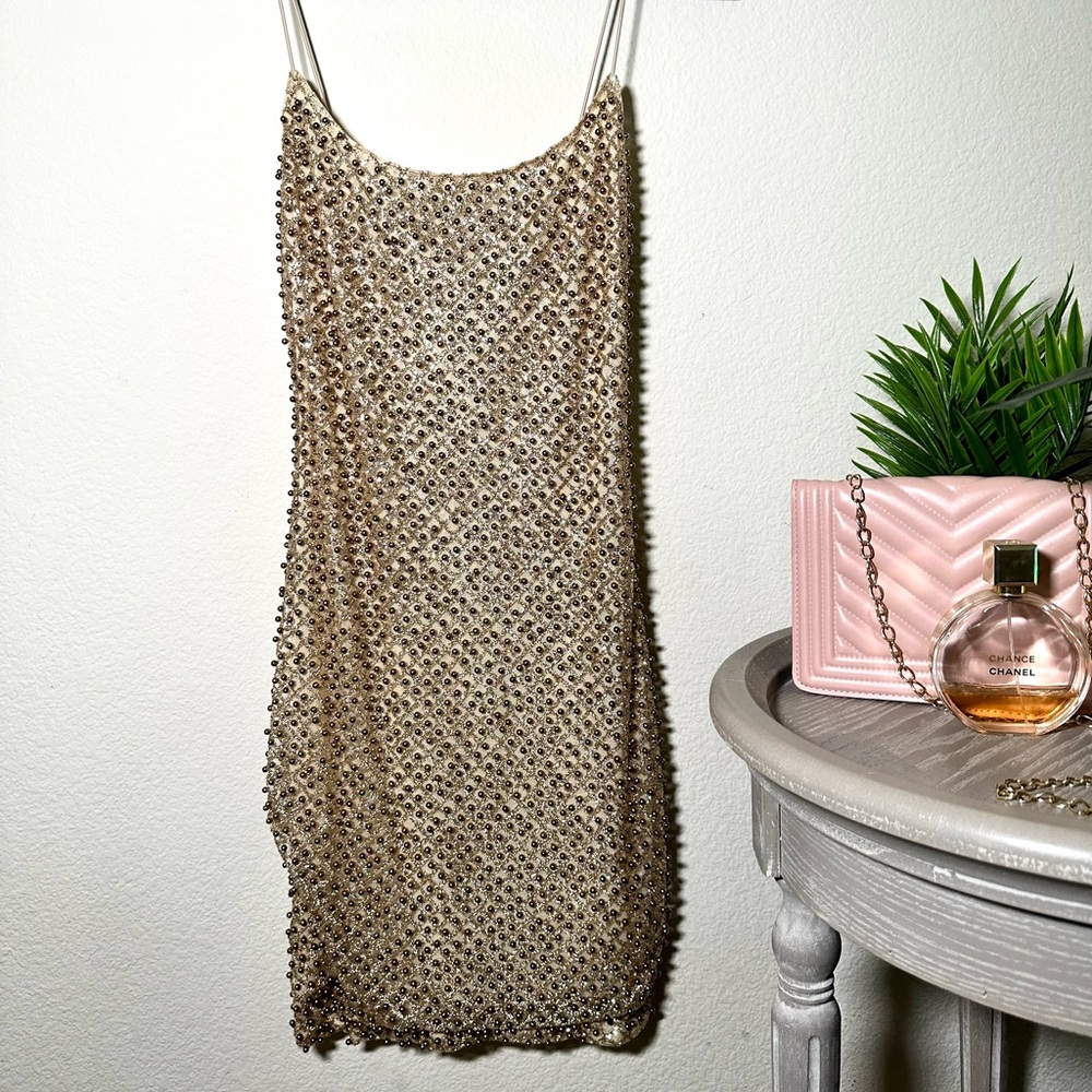 Gold beaded mini dress from OhPolly